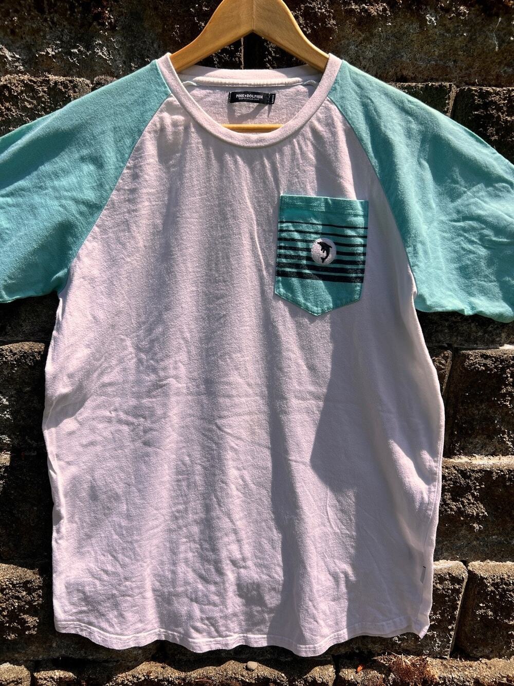Pink Dolphin Raglan Pocket T Shirt White Aqua Graphic Tee Men's Large L